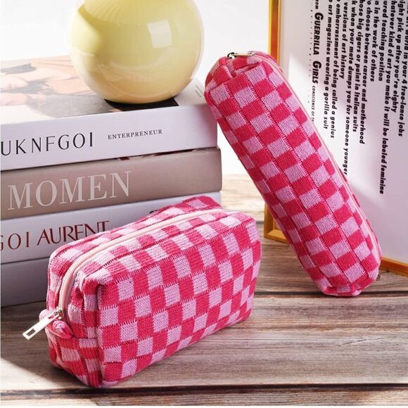 Pink Checkered Makeup Bag Set - Picture 1 of 5